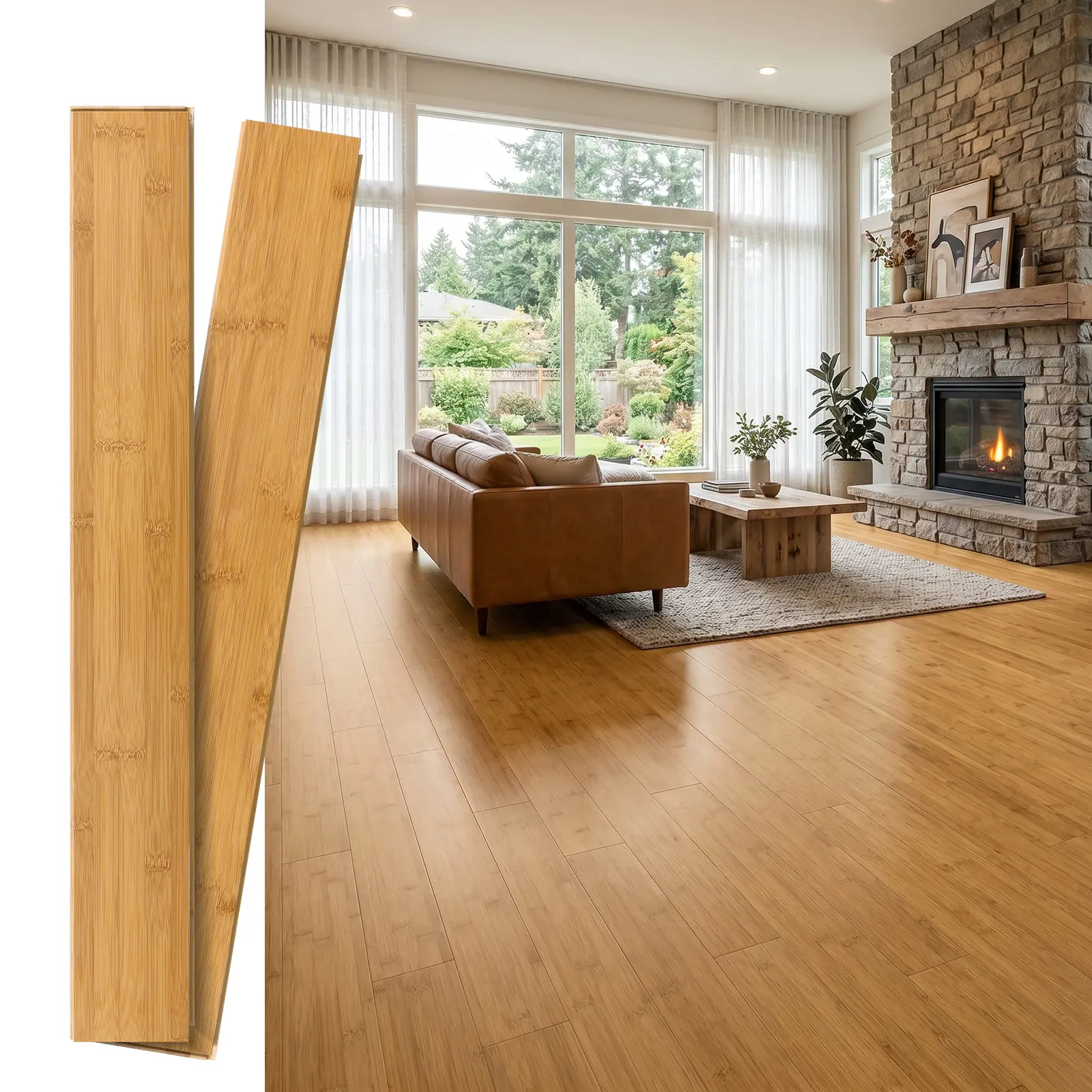 Jeedeson Click Lock Bamboo Flooring Planks, 37.8"x3.78"x0.59 inches, Eco-Friendly Water Resistant Light Honey Flooring for Living Room, Bedroom, Study