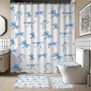 4pcs Blue Bowknot Shower Curtain Set, Waterproof Bathroom Rug, Modern Home Decor, 12 Hooks, Moving Gift, Holiday Present