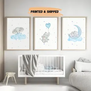 Nursery Decor Boy, Blue Gray Nursery, Baby Blue, Set of 3, Elephant Nursery, Navy Blue Nursery Print, Cloud and Stars, Boy Nursery Wall Art #452