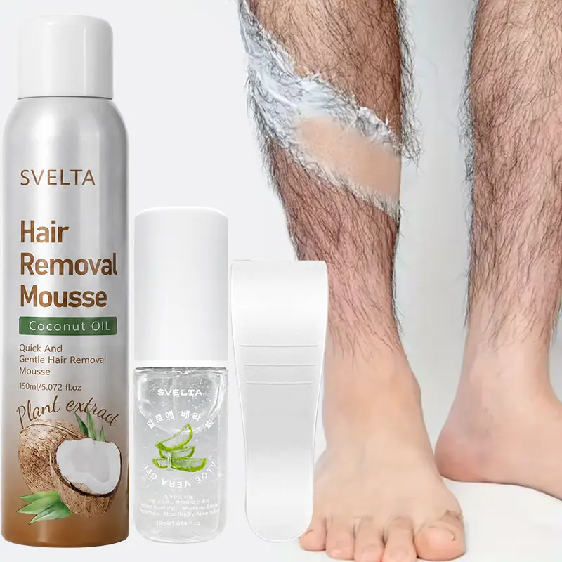 SVELTA mousse and aloe gel pictured beside a lower-leg hair removal application