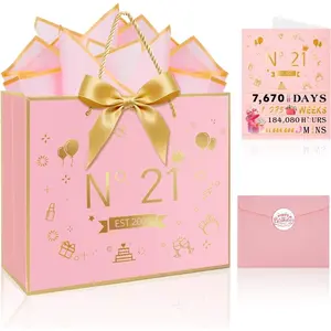 Happy 21st Birthday  Bag for Women,with Handles Design,21  Greeting Card, Envelope Sticker Bow Ribbon and Tissue papers for Women Girls (13"+ Hot Stamping)