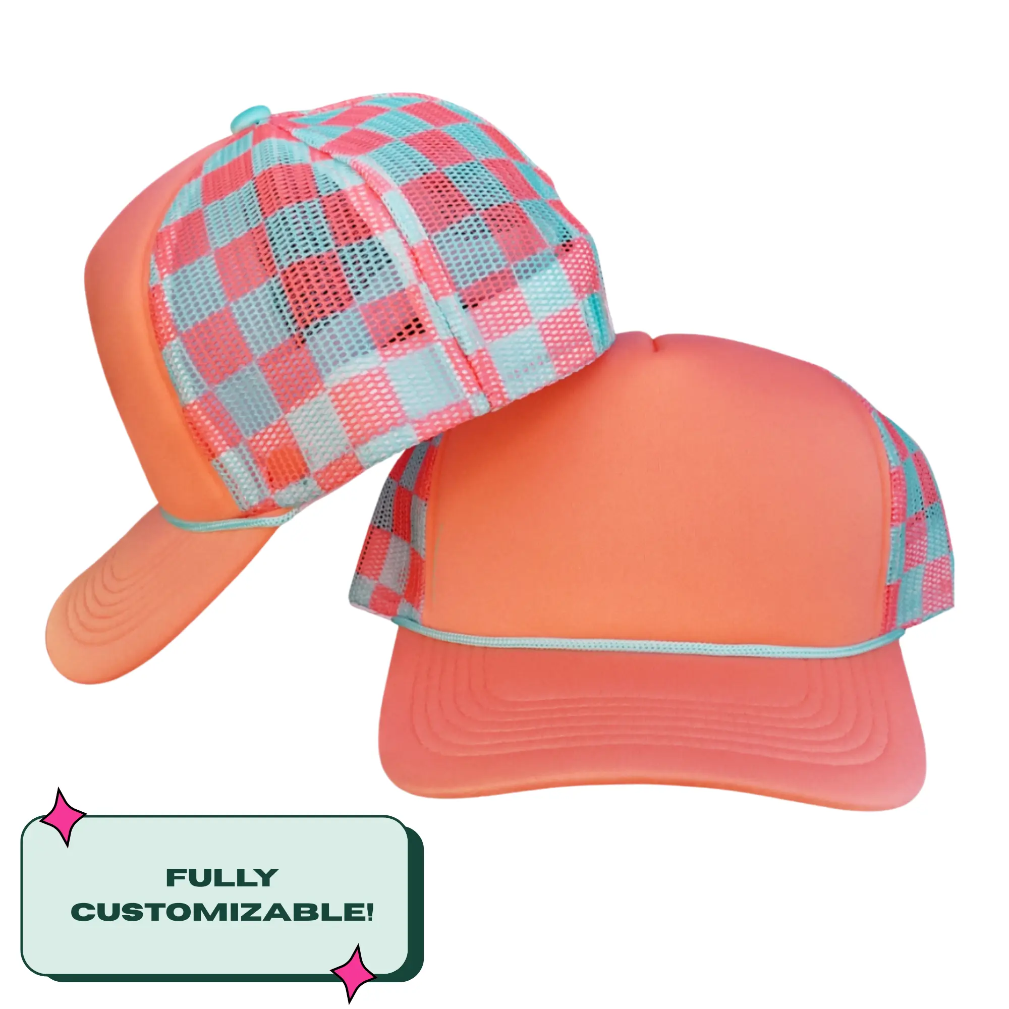 Custom Embroidered Teal and Peach Check Trucker Hat, Custom Hats, Embroidered Hats