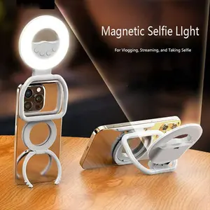 Multifunctional portable foldable magnetic phone case with a strong magnetic module, adjustable fill light, handheld stand, and desktop tripod