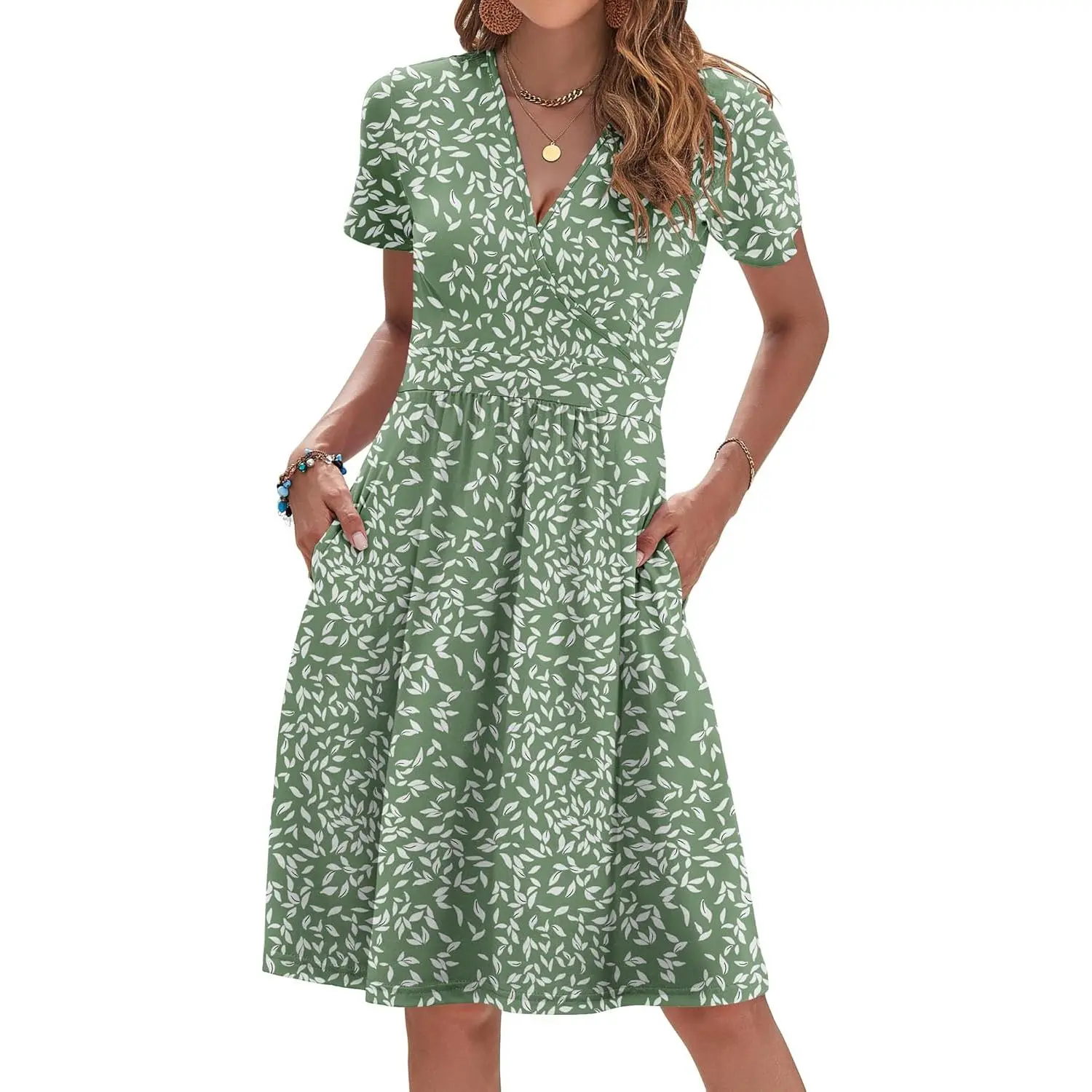 Womens Summer Dresses 2025 Short Sleeve V Neck Floral Sundress with Pockets