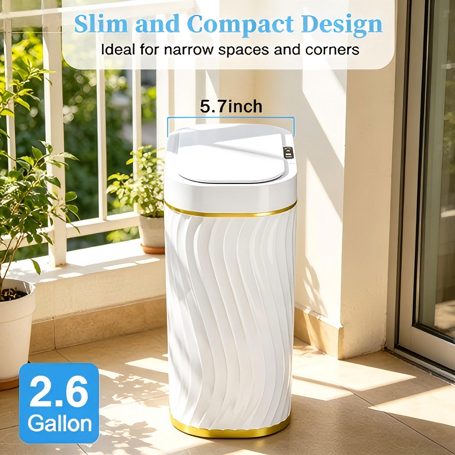 Small bathroom trash can with automatic touchless lid, 2.6 gallon smart garbage bin, narrow and waterproof design suitable for bedroom, office and living room use