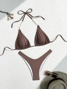 Two-piece Set Women's Solid Color Shell Decor Bikini Set, Casual Fashion Chic Tie Back Swim Top & Swim Bottom Two-piece Swimsuit for Beach Holiday Vacation, Ladies Swimwear for All Seasons, Tie Back Bikinis, Summer Swimsuit Set, Bikini Swimsuits