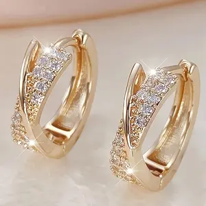 1 pair of elegant rose Golden lady's circle earrings - Exquisite and compact luxury design, set with sparkling synthetic 3A Zirconia, perfect for daily wear and parties, novel earrings