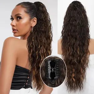 Ponytail Extension, 30 Inch Long Curly Wavy Claw Clip in Ponytail Hair Extensions, Brown with Blonde Highlights Pony Tails Fluffy Natural Looking Synthetic Hairpiece for Women Daily Party Use