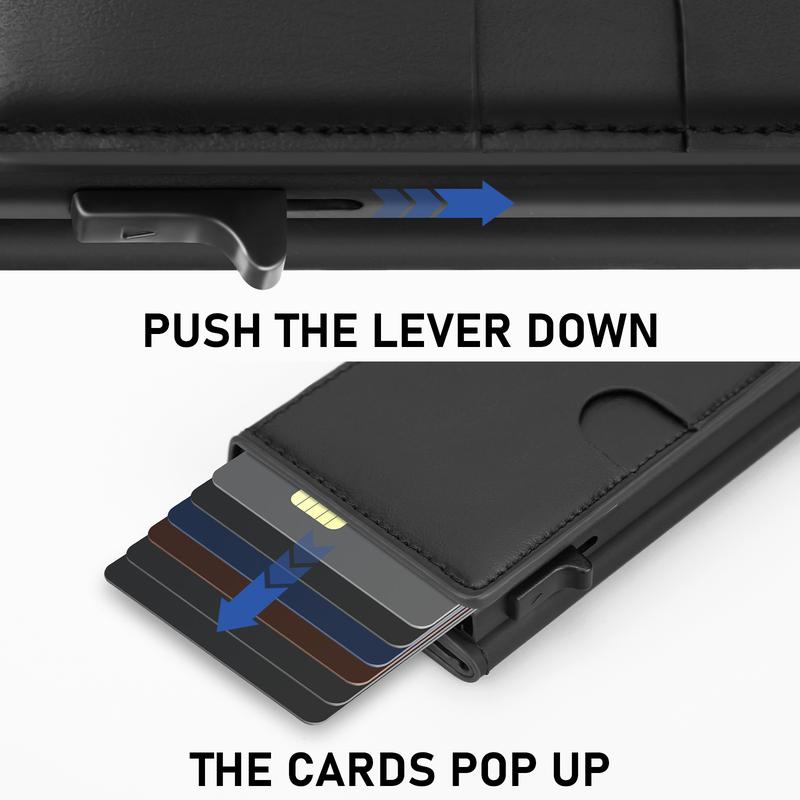 Men's Leather Slim Wallet Compact Design for Cards and Cash One-click to Pop up RFID Blocking 9-14 Card Capacity ID Window Gift for the husband on Valentine's Day