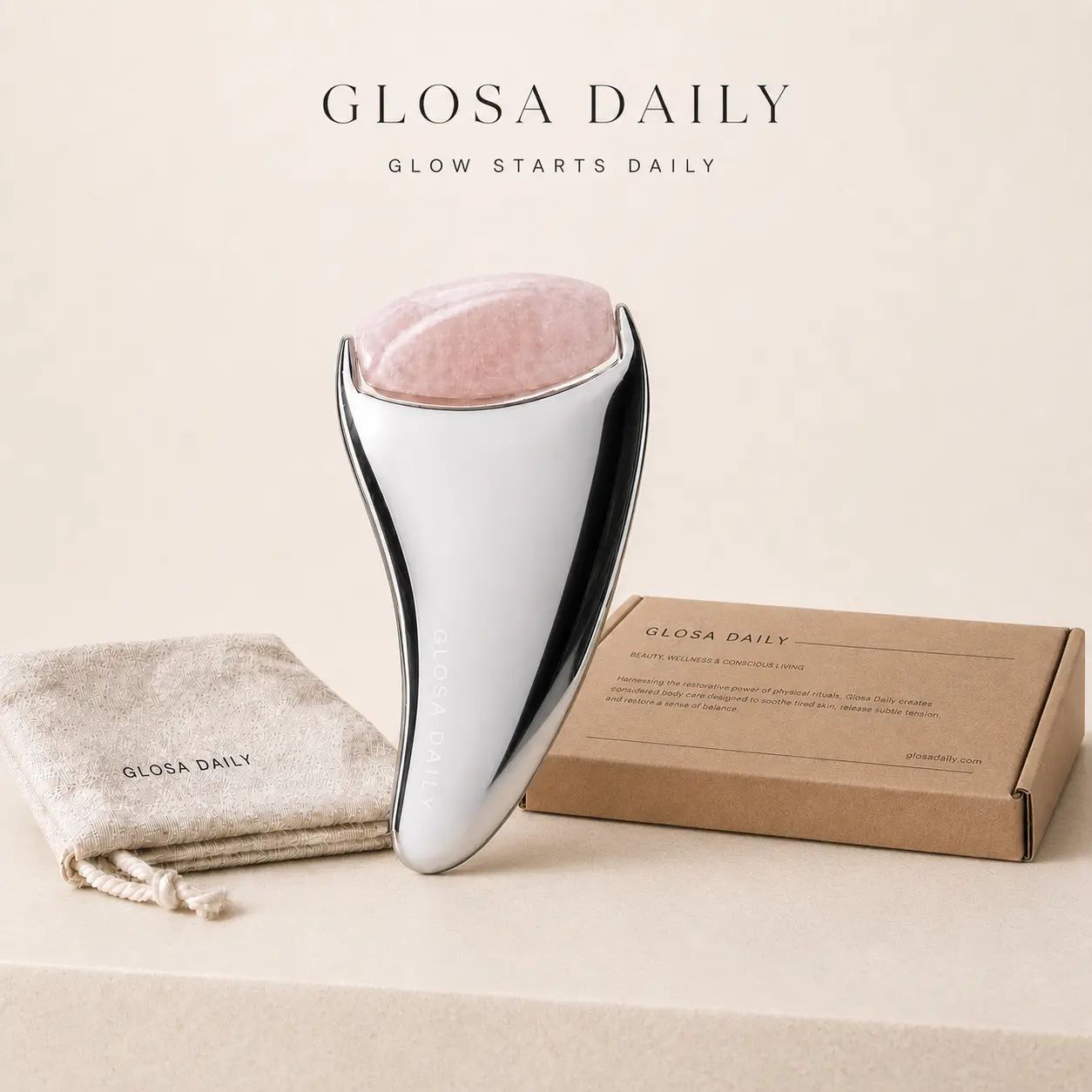 GLOSA DAILY 2-in-1 Rose Quartz Gua Sha Face Roller, Cooling Facial Massager & Sculpting Beauty Tool for Face, Eyes & Neck, Skincare Self-Care Gift