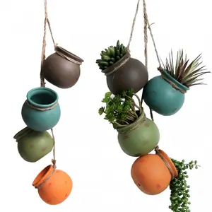 Ceramic hanging mini flowerpot, wall-mounted or ceiling-earth-colored hanging basket, Swinging Planter for indoor and outdoor decoration -4-piece set
