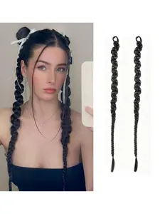 2-Pack Fashion Braided Ponytail Wigs, Natural Twin Ponytails, Twisted Braids, Sweet Cool Girl Style, Synthetic Fiber Hair Extensions