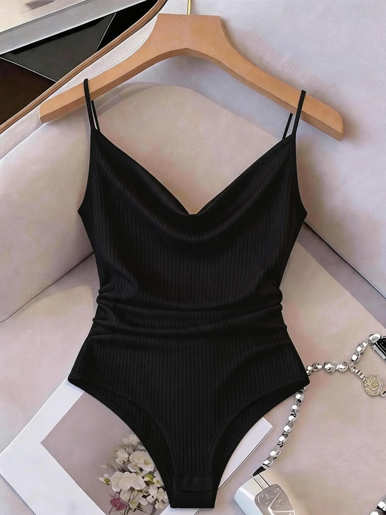 Black Ribbed Cowl Neck Bodysuit Sleeveless Double Spaghetti StrapsRuched Waist Slim FitSexy Elegant Going-Out TopSoft Stretchy FabricFlattering Basic Bodysuit for Women