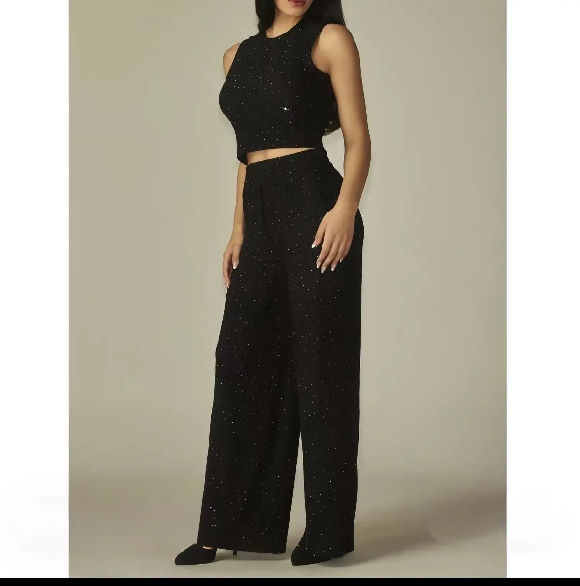 Elegant Black Sequin Crop Top & Wide Leg Pants Set for Women
