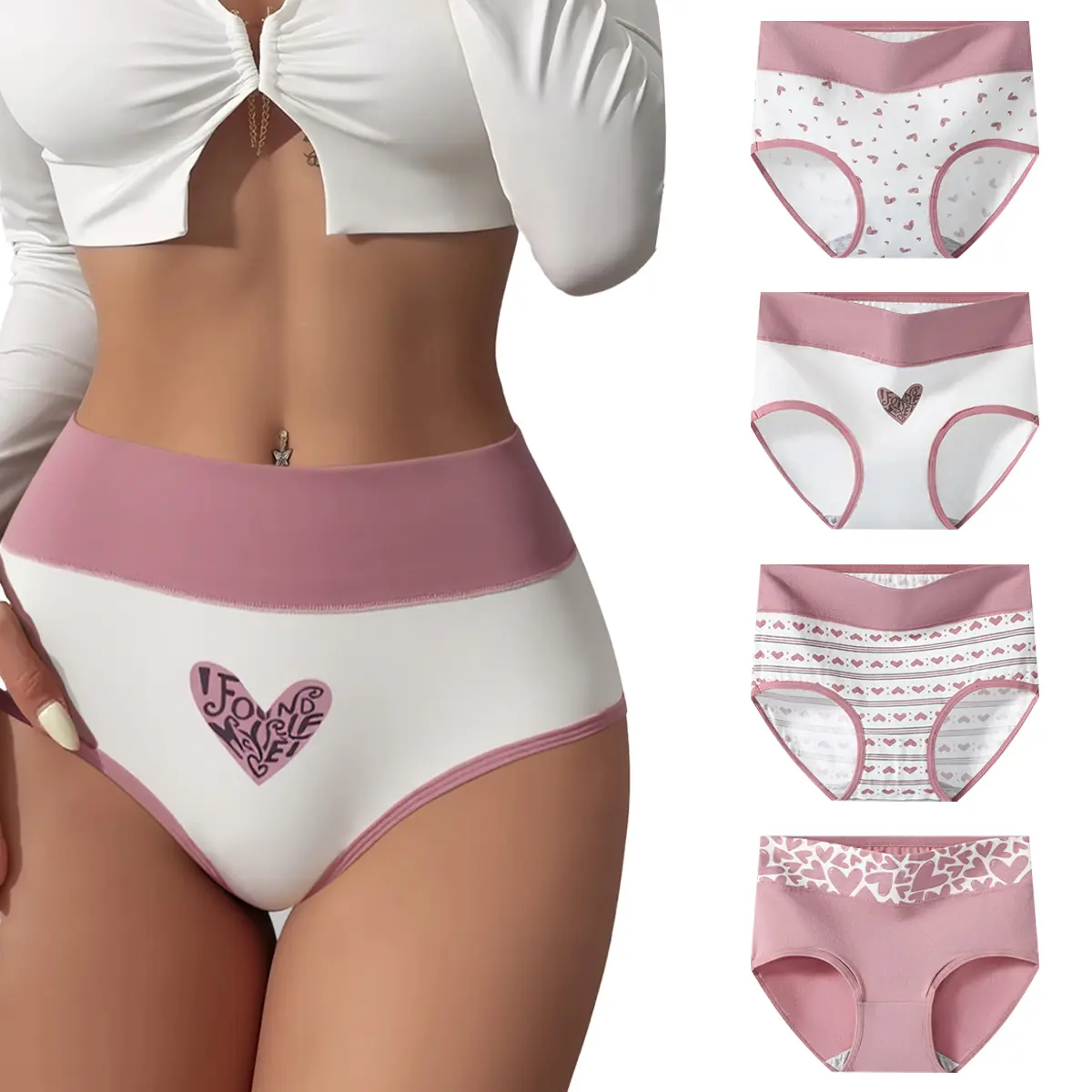 Hotcom Lady's High-Waist Cotton Slippers & Lingerie Brief Panties Set - 4 or 8 Pairs, Hipster Style, Comfortable Support, Breathable Soft, Spring Everyday Use, Plus Size, High Waisted Underwear, Women's Clothes, Underwear for Women summerwins,summerwins