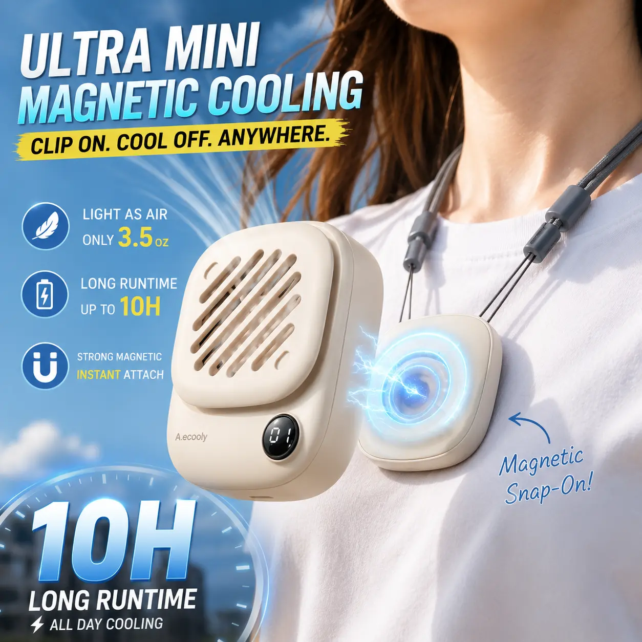 EFFUN 4-in-1 Magnetic Mini Portable Clip On Fan - Neck, Hat, Bag, Stroller Clip Design, Hands-Free Household Appliance for Adults, Travel, Multifunctional Cooling Fan, Portable Pocket Fan