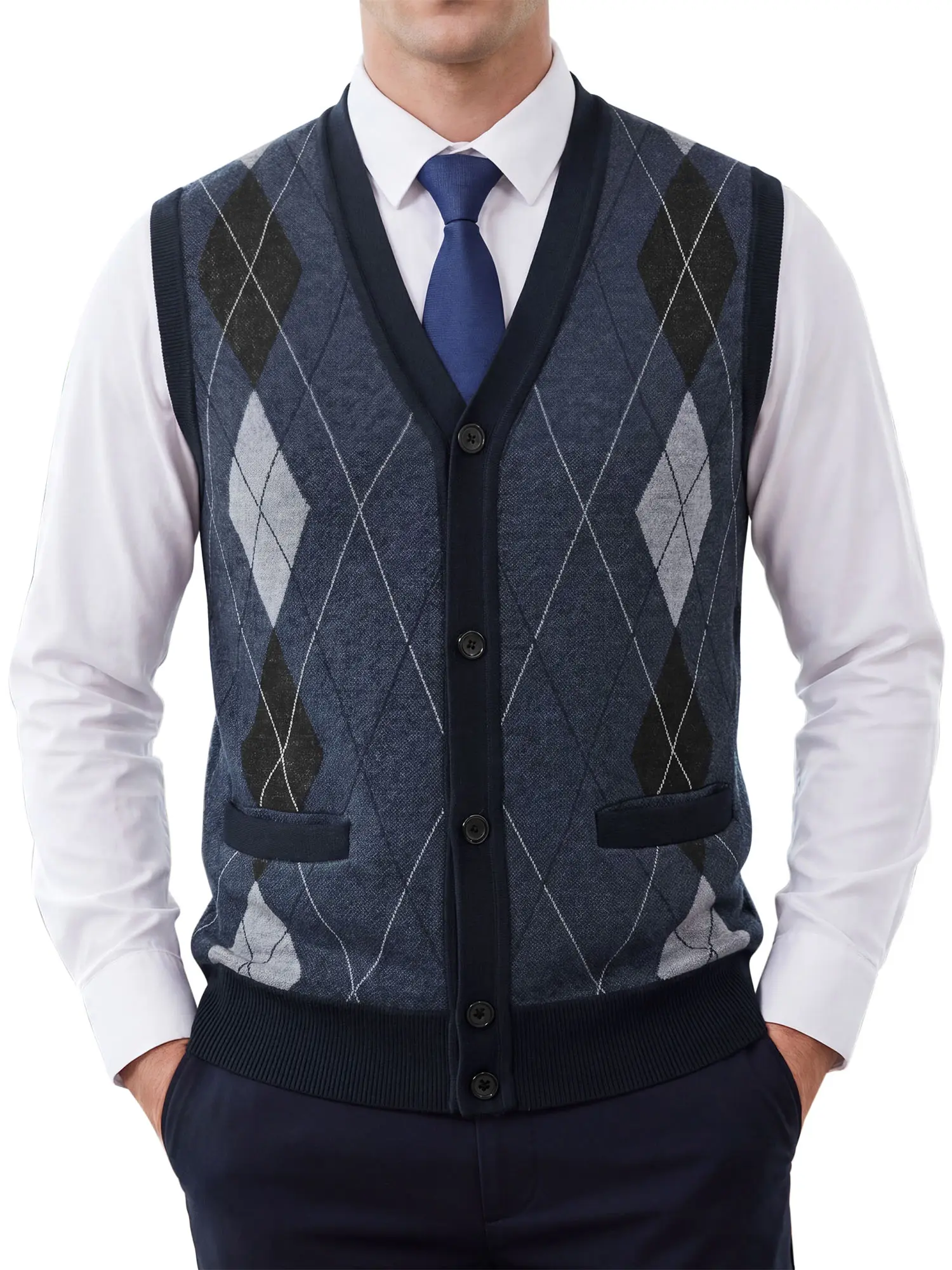 INSPIRE CHIC Men's Classic Sleeveless V-Neck Button Argyle Knitwear Sweater Cardigan Vest