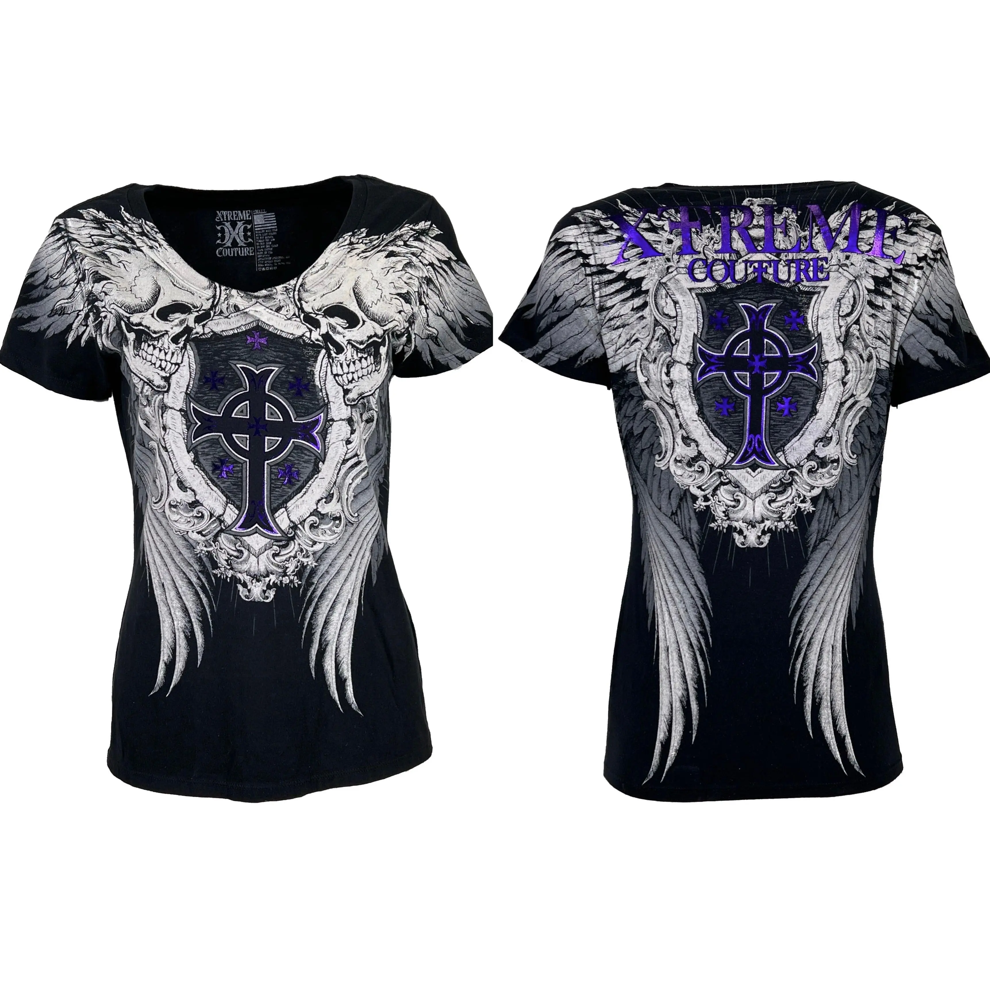 Xtreme Couture By Affliction Women's Cotton Printed Short-Sleeve Black Crew Neck Streetwear T-Shirt, Casual Top, Shortsleeve, Tshirt