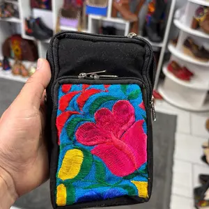 Mexican Crossbody Cellphone Bag Hermoso 100% with Floral Embroidery & Gold Charm Artisanal Handcrafted Handbag porta celular