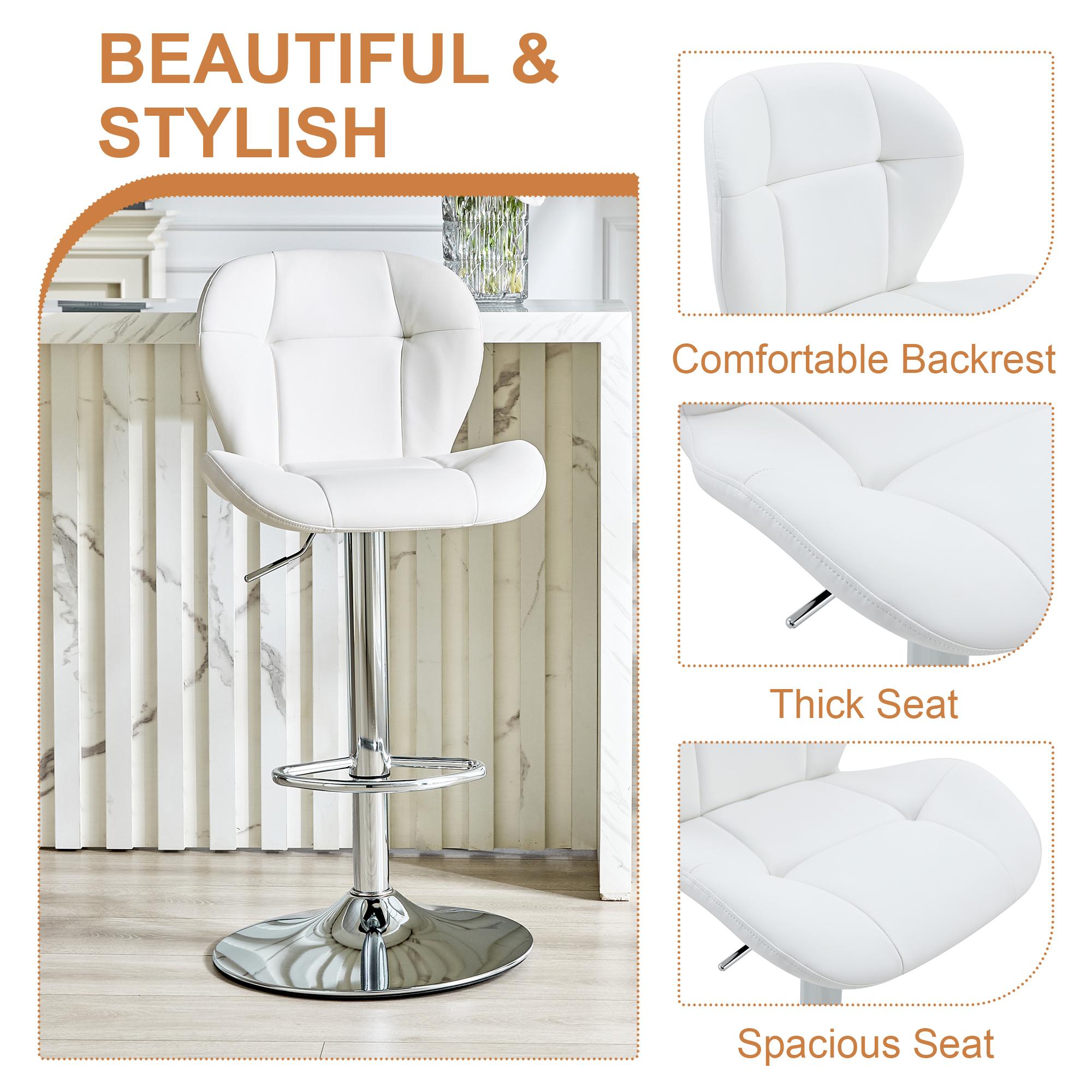 Set of 2 Adjustable Bar Stools, PU Upholstered Tufted Backrest Chairs with Chrome Footrest for Kitchen Island Pub Bar, White Set of 2 Adjustable Bar Stools, PU Upholstered Tufted Backrest Chairs with Chrome Footrest for Kitchen Island Pub Bar, White