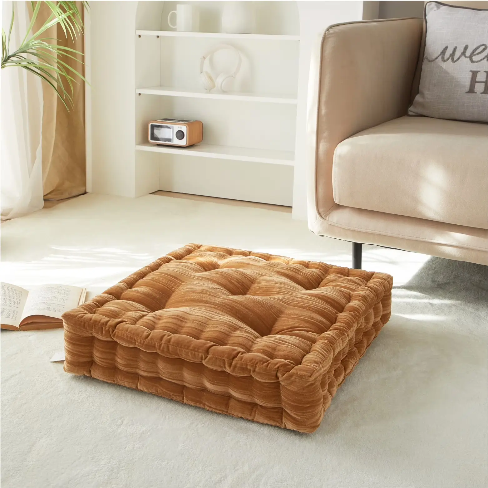 Style House Yellow Velvet Decorative Floor Pillow for Adults, 20" x 20"