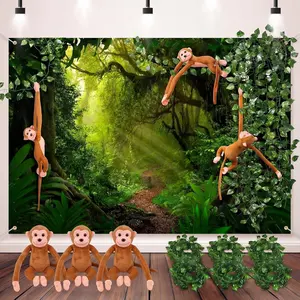 Jungle Safari Party Decoration Jungle Forest Photography Backdrop Stuffed Monkeys Fake Vines Rainforest Natural Scenery Background for Safari Animals Themed Party Decor Photo Banner Props