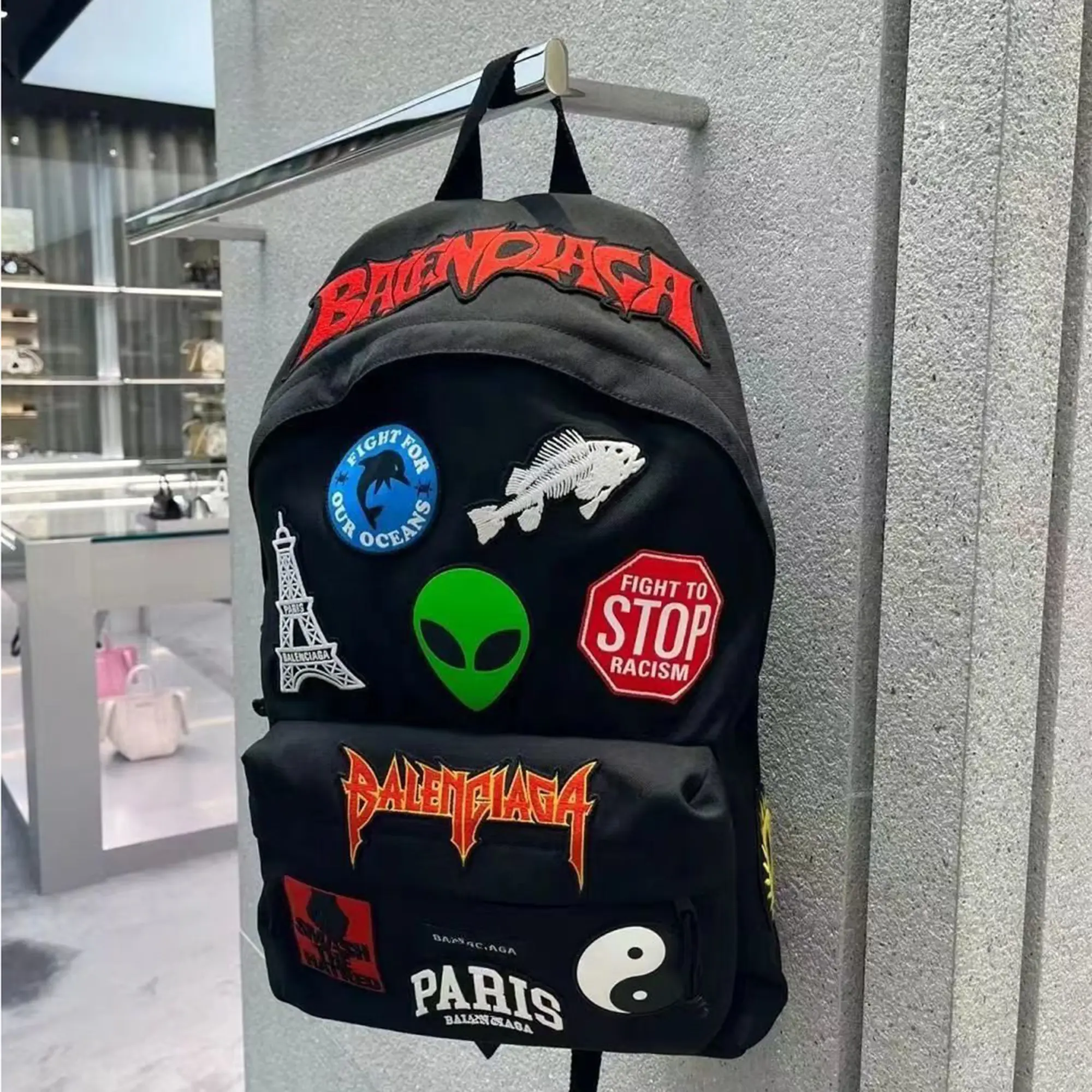 Multi-Patch Backpack, Black Canvas All Over Patches Embroidered School Backpack, Streetwear Graffiti Alien Eiffel Tower Patchwork Laptop Backpack For Men Women Hip Hop Daily Travel Bag