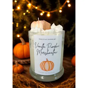 Vanilla Pumpkin Marshmallow Candle | Fall Scented Coconut Soy Wax | 13 oz Wooden Wick