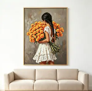 Artistic Mexican Cempasuchil Marigold Wall Art Print - Girl with Orange Flowers Unframed Poster, Vintage Mexican Folk Decoration for Living Room, Bedroom