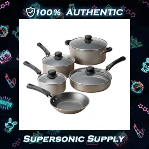 [Tramontina] 9-Piece Non-Stick Cookware Set Stay-Cool Handles & Tempered Glass Lids Gas/Electric/Ceramic Compatible (Champagne) Aluminium Oven