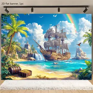 2D flat banner, 1 piece, Pirate Treasure and Tropical Beach Party Background Curtain, featuring a pirate theme with treasure chests and nautical decorations, made of durable fabric, suitable for birthday and wedding parties, kdj