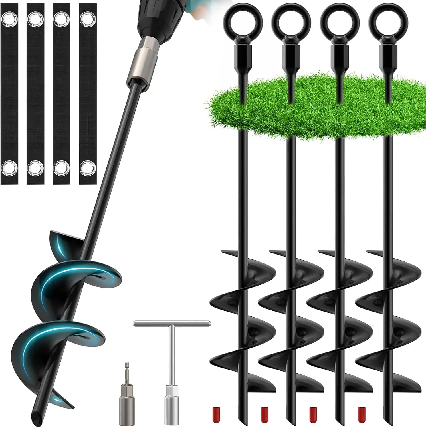 18" Trampoline Stakes, 4 Pack Heavy Duty Ground Anchors with Safety Belts, Trampoline Accessories Resist High Wind, Ground Stakes for Camping Tents, Trampolines, Canopies, Swing Set, Shed