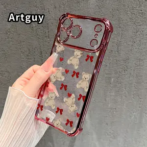 Four Corners Air Cushion Anti-drop Cell Phone Case for iPhone 17 Pro Max 16 15 Plus Air 14 13 12 11 E Teddy Whimsy Pattern Electroplated Transparent Silicone Cover