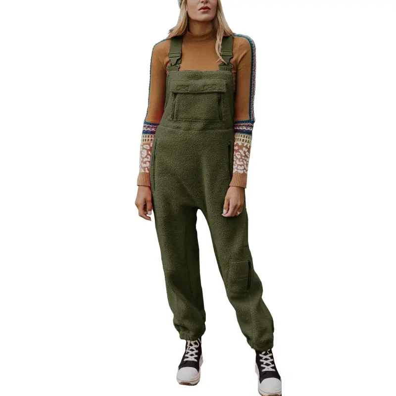 Women's Basic Casual Minimalist Green Sherpa Fleece Jumpsuit Clothes - Adjustable Strappy Straps, Roomy Pocket, Soft Elastic, Loose Oversized Sleeveless Overalls, Thick Fabric - Winter Workwear for Skiing, Outdoor Activities