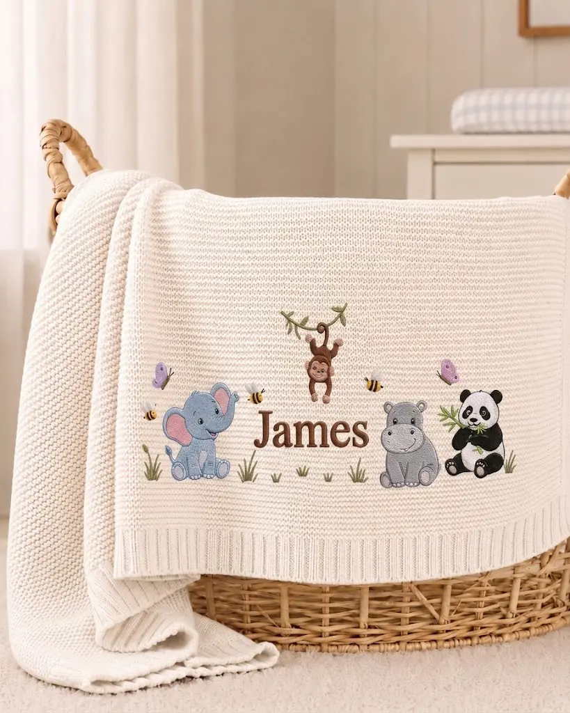 [Made-to-Order] Personalized Safari Embroidered Baby Blanket, Custom Name Jungle Animal Knit Blanket, Zoo Nursery Keepsake, Baby Shower Gift