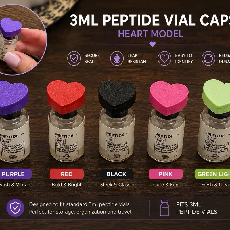 3ml Peptide Vial Heart Caps | Multicolor Protective Caps | Reusable Vial Identifier | 5, 10, 20 & 50 Pack