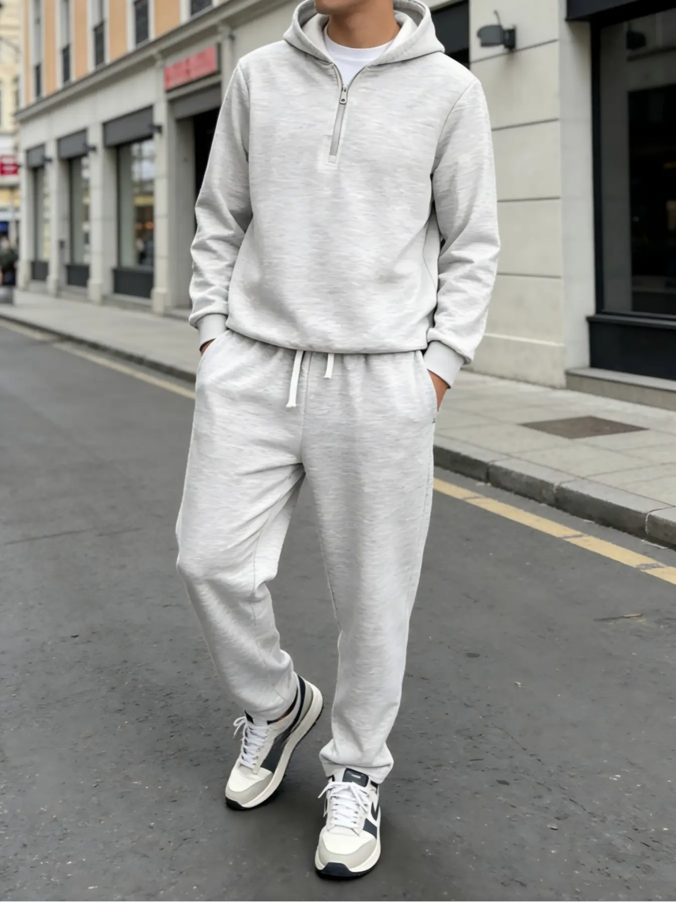 Men's 2-Piece Match Set - Long Sleeve Plain Regular Fit Casual Drop-Shoulder Half-Zip Hooded Sweatshirt with Hooded Zip Warmth + Polyester Fabric Drawstring Pocketed Drawstring Pants for Everyday Wear & Workouts