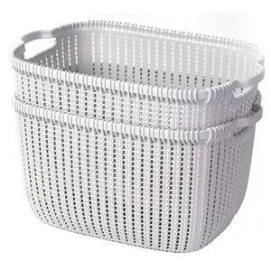 212 MAIN Large Rectangular Grey Plastic Wicker-Look Storage Basket, 8.5x16x11 in., 2-Piece Set - Hallway Organizer, Closet Organization Solution for Sports & Cycling Equipment