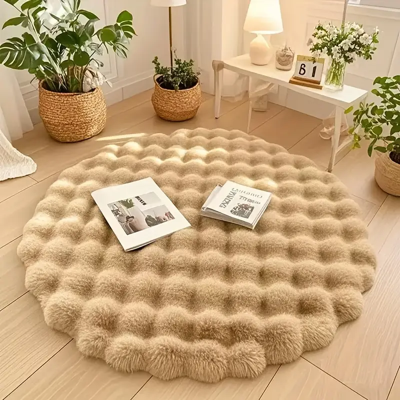 Bubble Soft Round Shape Indoor Plush Rug, Thick Shaggy Faux Fur Area Carpet, Easy-to-Clean Non-Slip Cozy Floor Mat for Bedroom, Living Room Decor, 35.43 in, Anti Slip Bedside Rugs