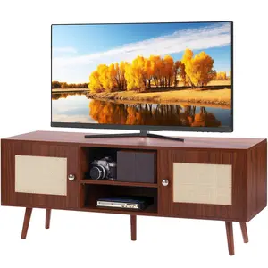 Boho Mid-Century Modern Rattan TV Stand for 55" TV Adjustable Shelves  Living & Media Room Console