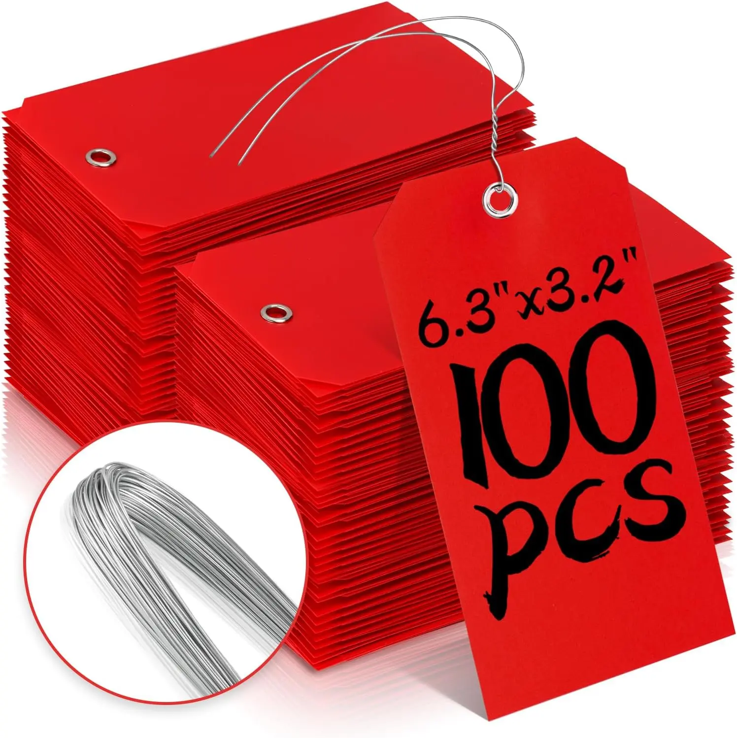 100 Plastic Shipping Tags - Red, 6 1/4" x 3 1/8", , Durable, Reinforcement Hole, Stacking Labels for Equipment Parts