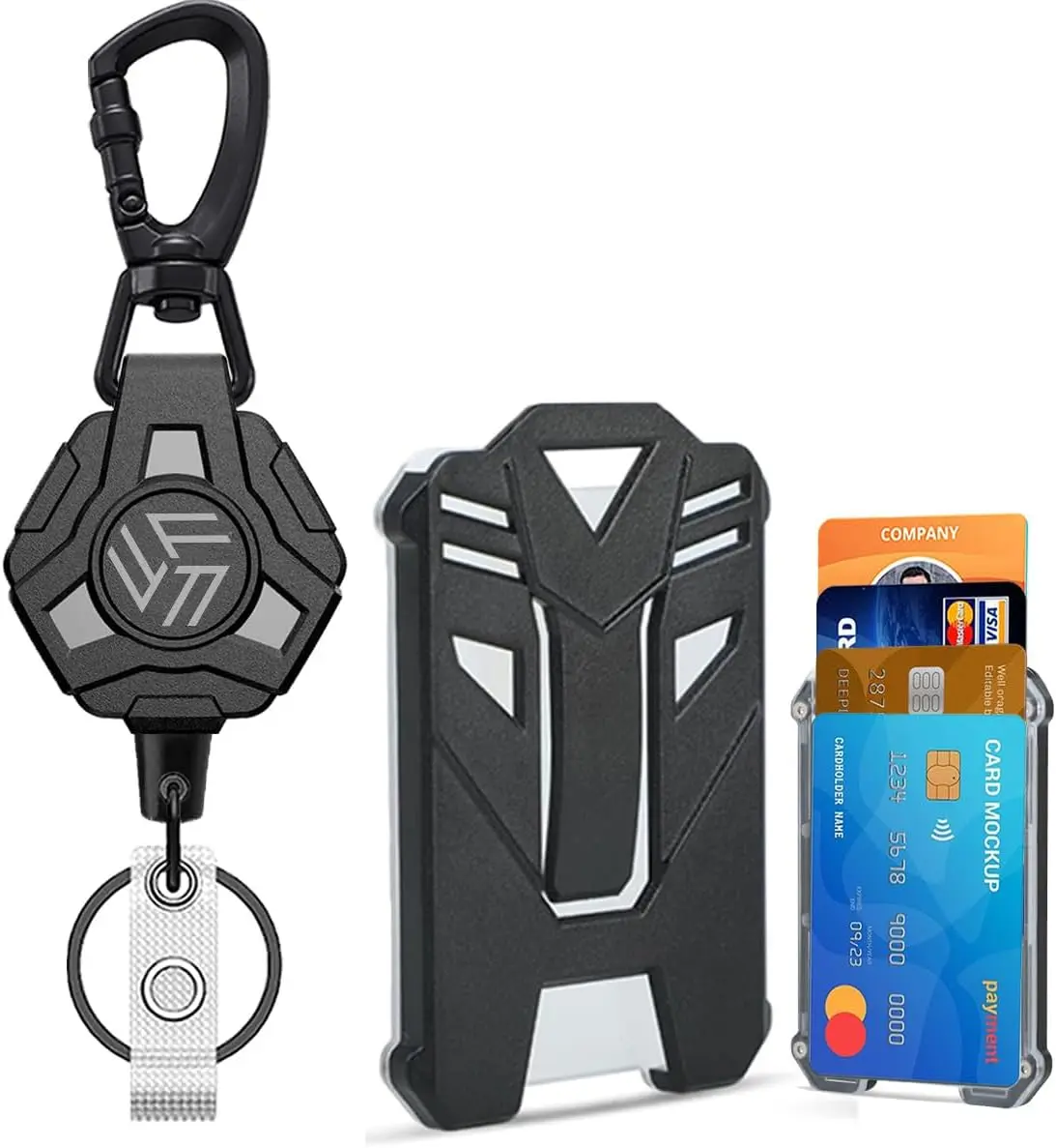 Badge reels Retractable Lanyard Key Card Holder, Heavy Duty Retractable Carabiner Keychain, Tactical ID Card Holder with 31.5” Stainless Steel Retractable Cord