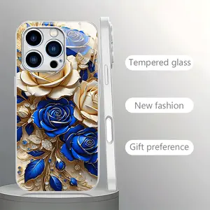 Golden Rose Blue Vine Metal Pattern Electroplated Glass Phone Case Suitable for iPhone 17 16,15,14,13,12,11 Plus Pro Max