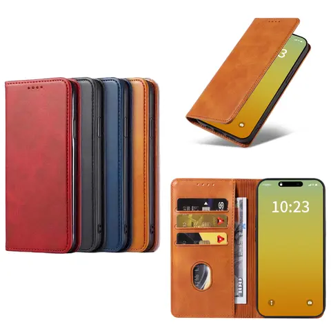 Leather Magnetic Flip Wallet Case Cover for iPhone 18 17 16 15 14 13 12 Plus Pro Max Air with 3 Card Slots & Cash Pocket
