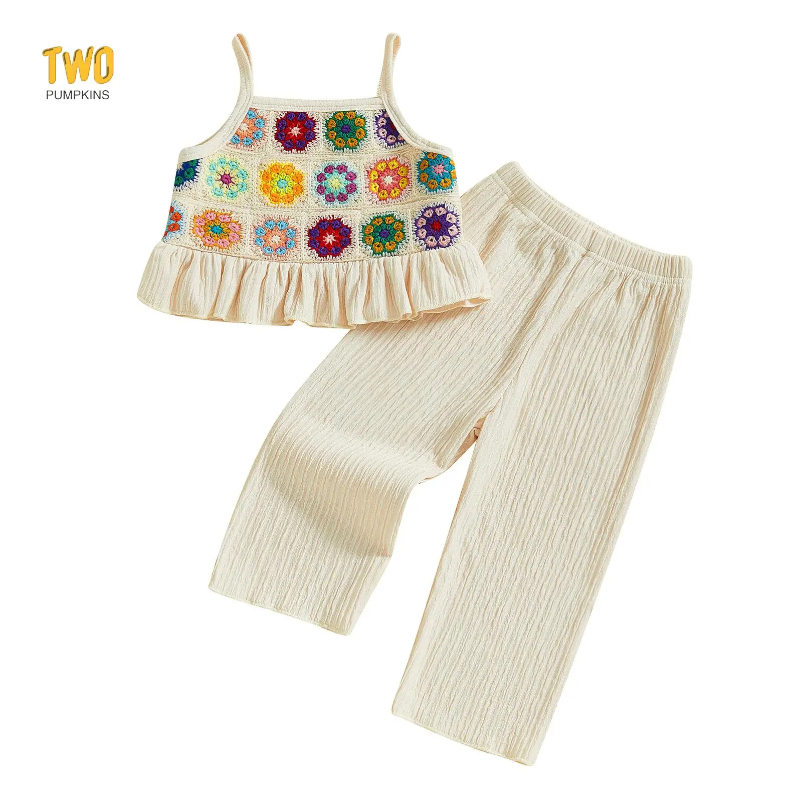 Toddler Girls 2 Piece Outfits Crocheted Flowers Fruit Ruffled Camisole Elastic Pants Set Baby Children Summer Clothes