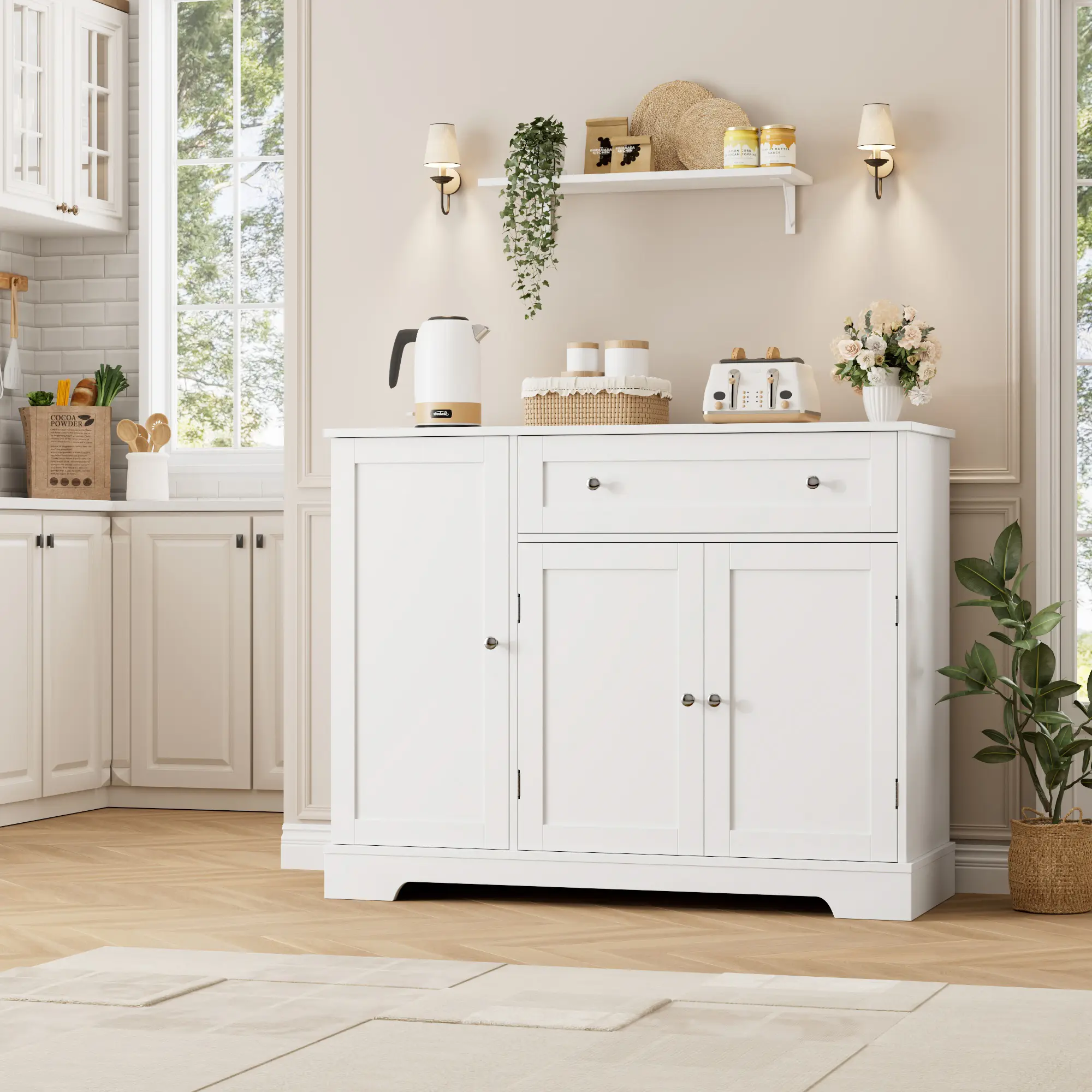 HOSTACK Buffet Cabinet with Storage, Modern Sideboard Buffet with Doors, Wood Coffee Bar Kitchen Storage Cabinet with Drawer and Adjustable Shelf
