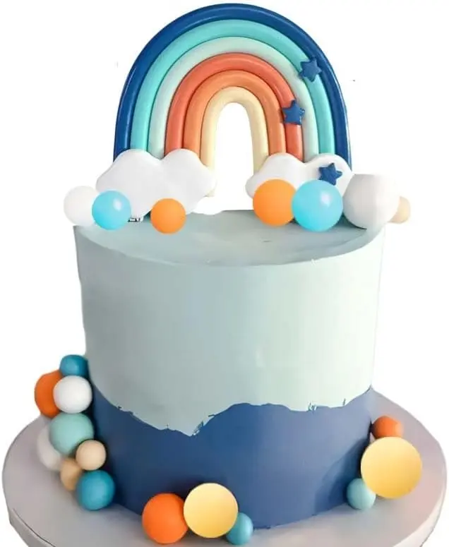 Blue Rainbow Cake Toppers, 14pcs Blue Rainbow Cake Toppers With Orange White Balls For Dog Birthday Cake Decorations Baby Shower Party Supplies
