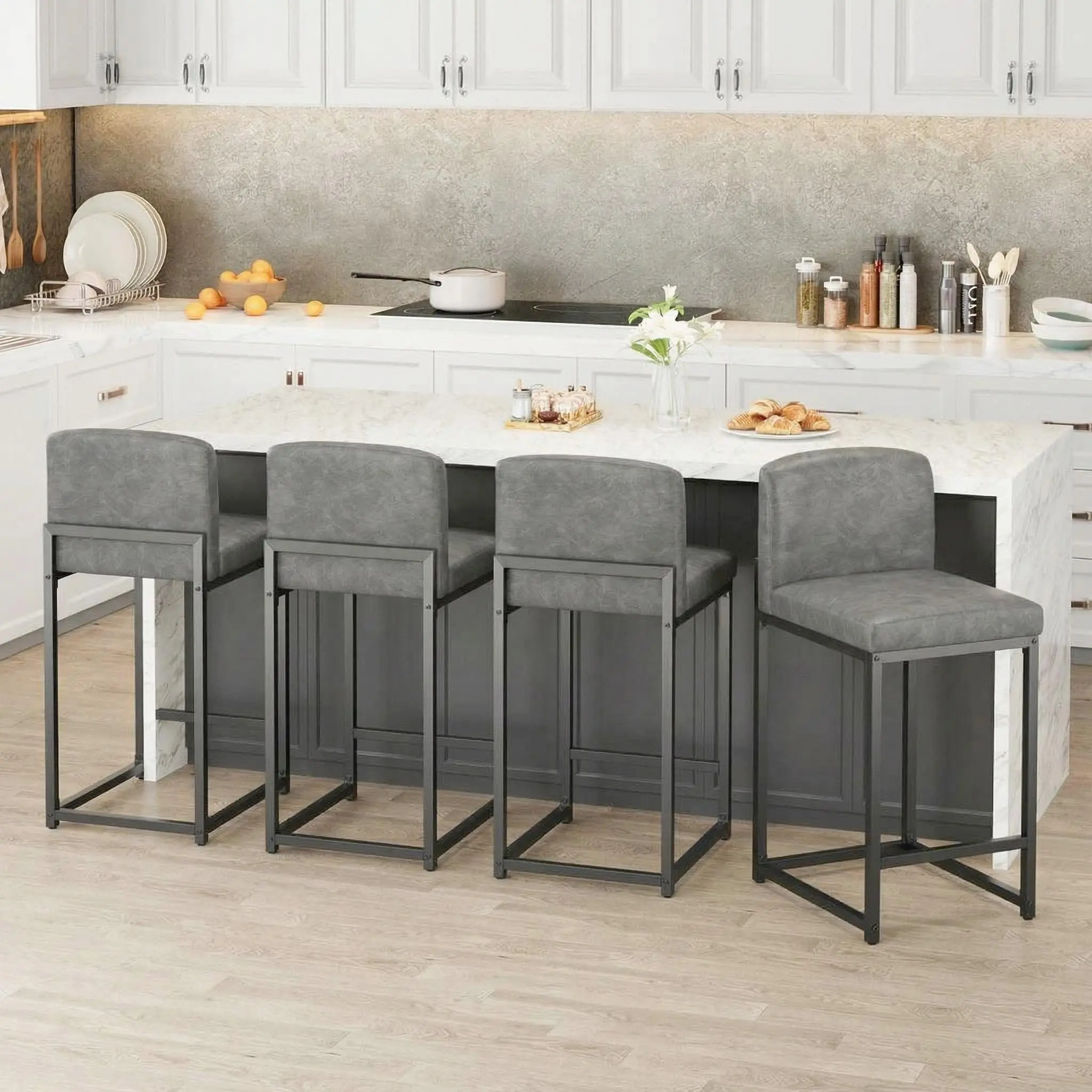 GAOMON 4-Piece Armless 24.8-inch Counter Height Bar Stools, Waterproof PU Leather Ergonomic Chairs with Contoured Seat, Lumbar Support, Curved Back, Sturdy Metal Legs, Tool-Free Assembly, Modern Bar-Type Dining Room Furniture for Busy Families, Grey