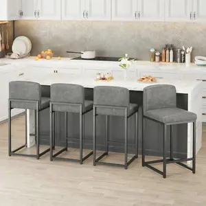 Bar Stools Set of 4, Counter Height 24.8'' Barstool PU Leather with Back, Modern Upholstered Island Chairs with Metal Legs for Kitchen Island, Bar, Counter, Grey