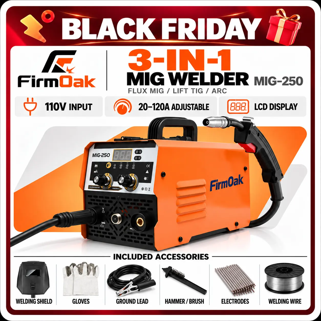 【BLACK FRIDAY】FirmOak 3-in-1 Portable Handheld Welder - 250A Welding Tool, 110V, 20-120A Adjustable Current, FLUX MIG/Lift TIG/ARC, LCD Display, Gas Tank Support, 3kg, 41cm, 2.5mm Capacity, for Home Repairs (Stainless Steel, Carbon Steel, Cast Iron）
